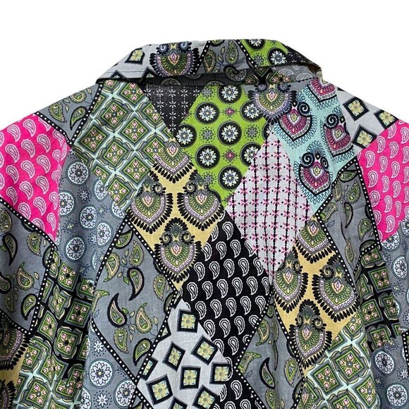Patchwork Print Long Shirt O/S Green Kaftan Boho Artsy Cottagecore Prairie - Picture 4 of 9